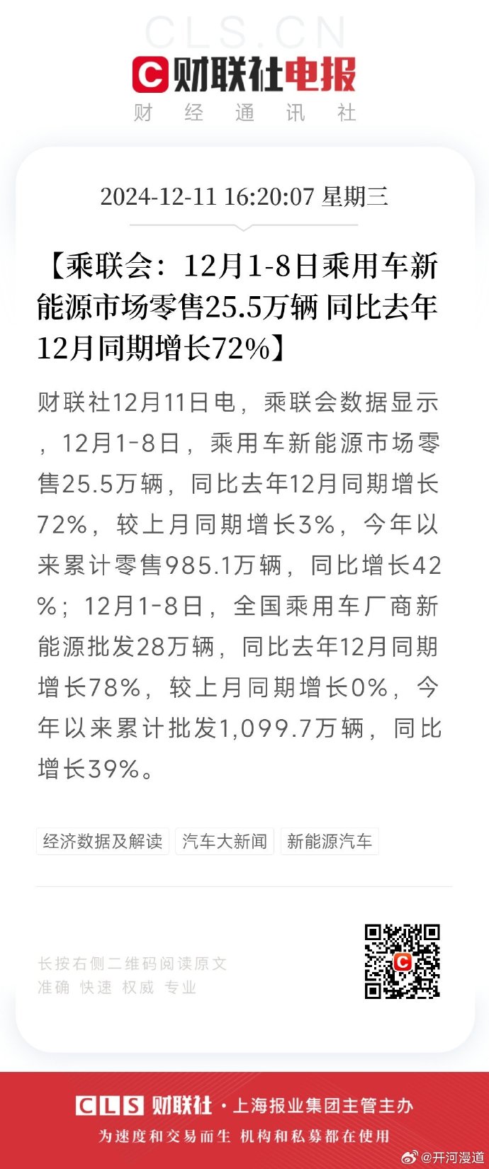 乘联分会：初步统计5月全国乘用车新能源市场零售105.6万辆，同比增长30%