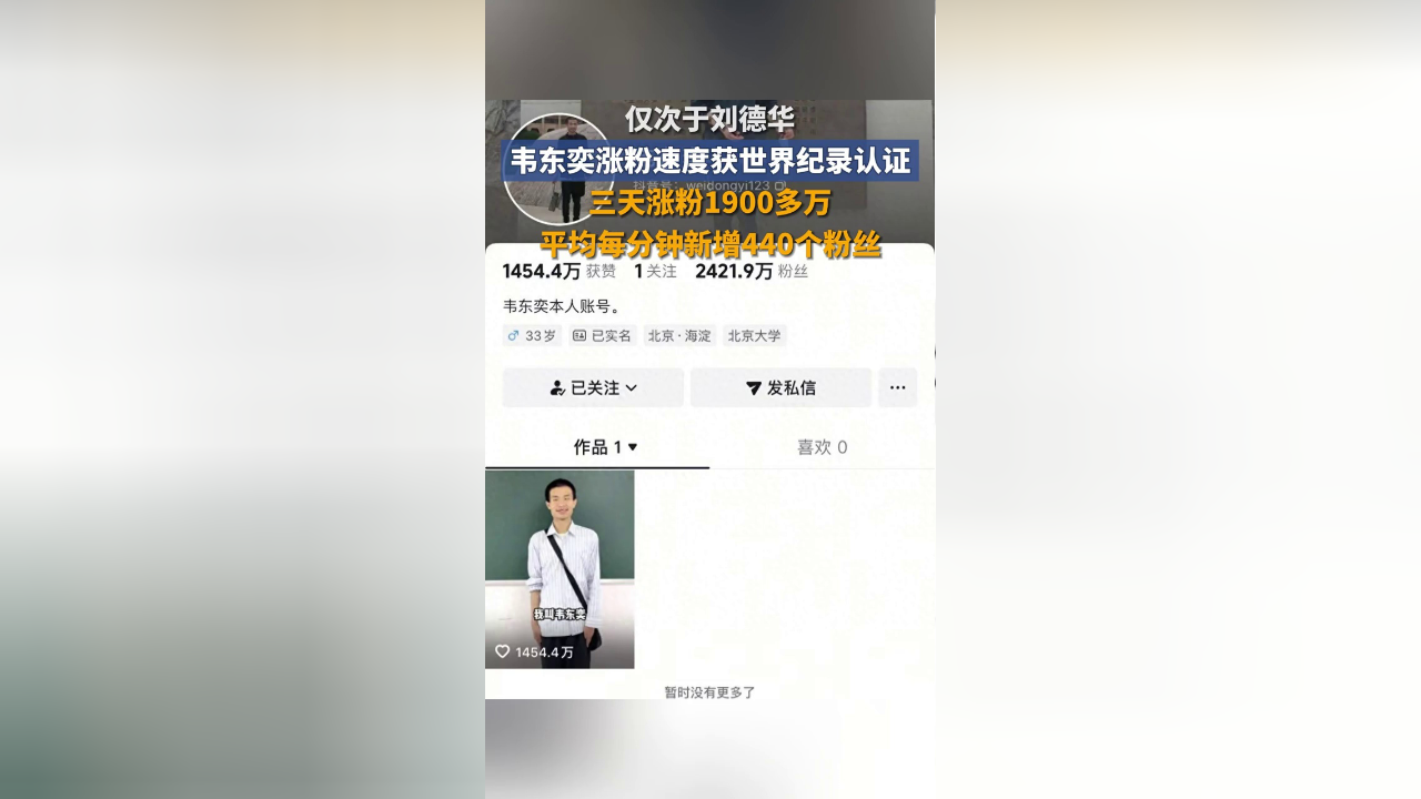 韦东奕涨粉速度获世界纪录认证